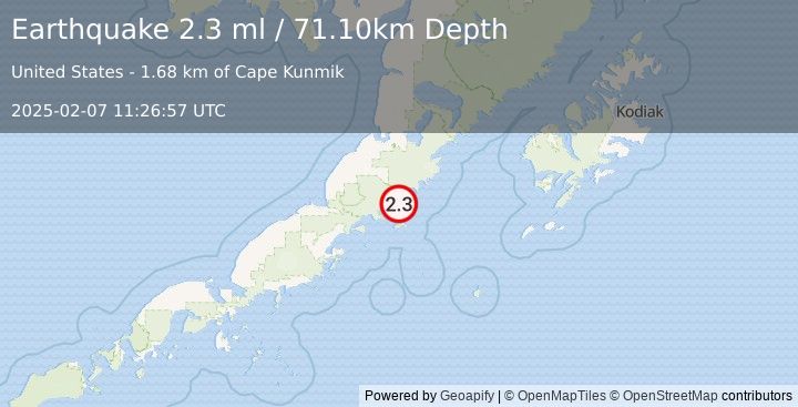 Earthquake 80 km S of Ugashik, Alaska (2.3 ml) (2025-02-07 11:26:57 UTC)