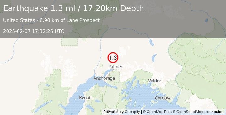 Earthquake 17 km N of Fishhook, Alaska (1.3 ml) (2025-02-07 17:32:26 UTC)