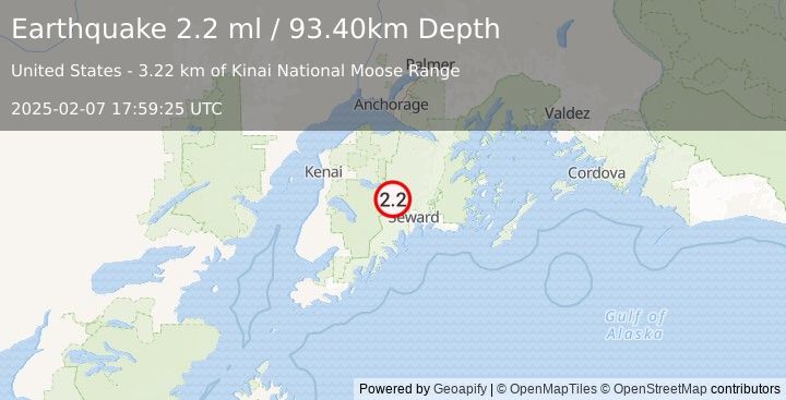 Earthquake 24 km S of Cooper Landing, Alaska (2.2 ml) (2025-02-07 17:59:25 UTC)