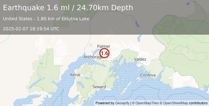 Earthquake 13 km SSW of Knik River, Alaska (1.6 ml) (2025-02-07 18:19:54 UTC)