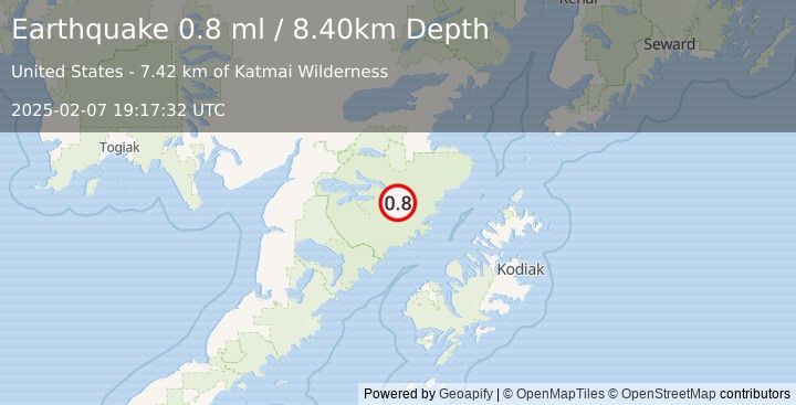 Earthquake 104 km NNW of Karluk, Alaska (0.8 ml) (2025-02-07 19:17:32 UTC)