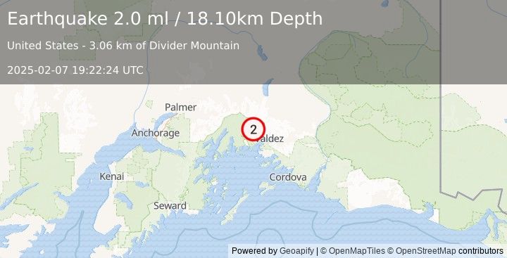 Earthquake 30 km WNW of Valdez, Alaska (2.0 ml) (2025-02-07 19:22:24 UTC)