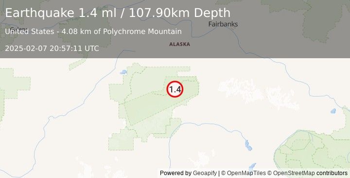 Earthquake 50 km WNW of Cantwell, Alaska (1.4 ml) (2025-02-07 20:57:11 UTC)