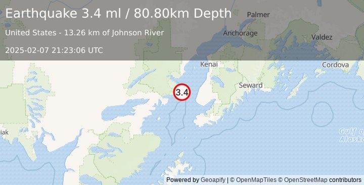 Earthquake 38 km WNW of Anchor Point, Alaska (3.4 ml) (2025-02-07 21:23:06 UTC)