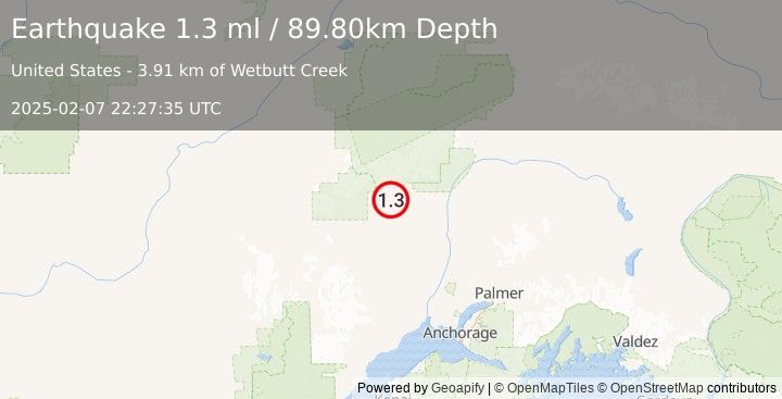 Earthquake 27 km W of Petersville, Alaska (1.3 ml) (2025-02-07 22:27:35 UTC)