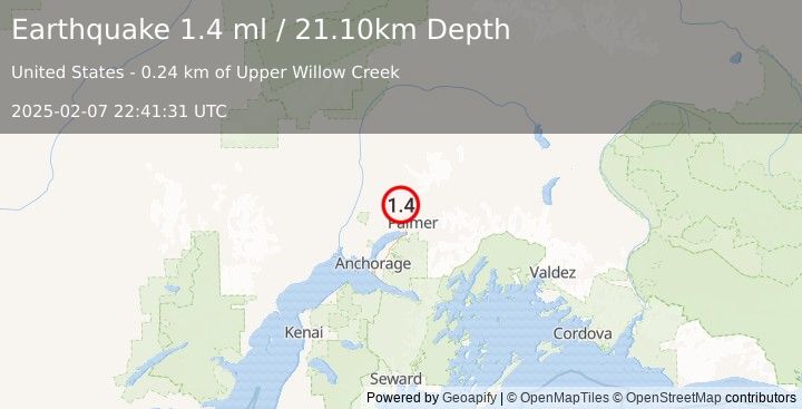 Earthquake 6 km WNW of Fishhook, Alaska (1.4 ml) (2025-02-07 22:41:31 UTC)