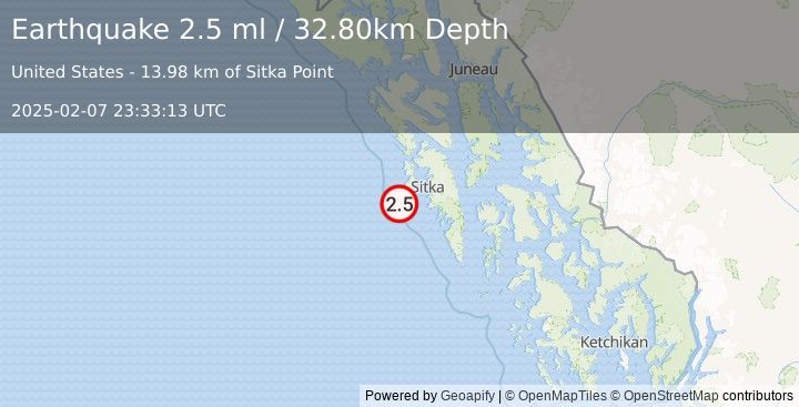 Earthquake 39 km WSW of Sitka, Alaska (2.5 ml) (2025-02-07 23:33:13 UTC)