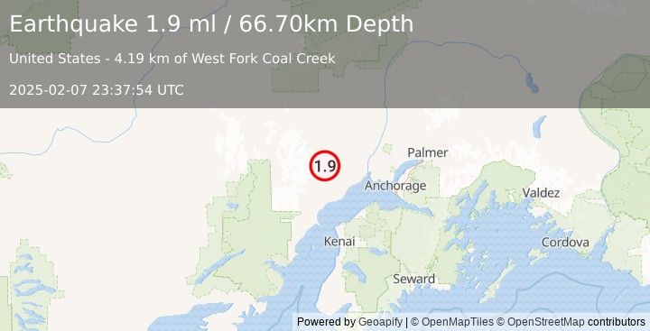 Earthquake 44 km NW of Beluga, Alaska (1.9 ml) (2025-02-07 23:37:54 UTC)