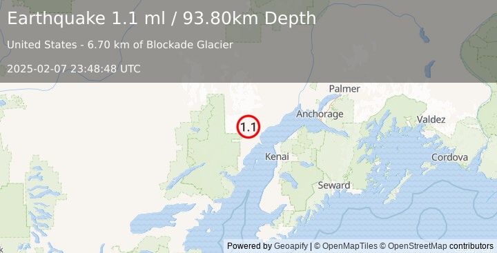 Earthquake 55 km W of Tyonek, Alaska (1.1 ml) (2025-02-07 23:48:48 UTC)