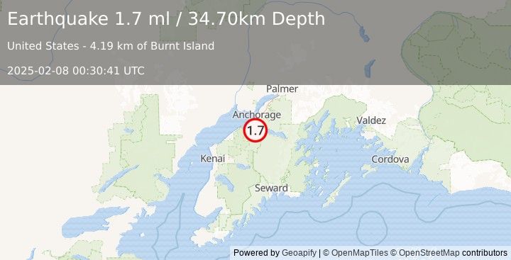 Earthquake 17 km WNW of Hope, Alaska (1.7 ml) (2025-02-08 00:30:41 UTC)