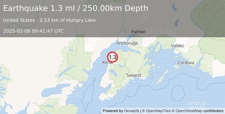 Earthquake 20 km ENE of Nikiski, Alaska (1.3 ml) (2025-02-08 00:41:47 UTC)