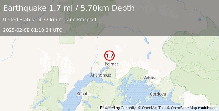 Earthquake 15 km N of Fishhook, Alaska (1.7 ml) (2025-02-08 01:10:34 UTC)