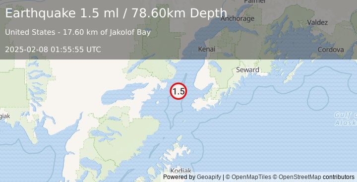 Earthquake 41 km WSW of Anchor Point, Alaska (1.5 ml) (2025-02-08 01:55:55 UTC)