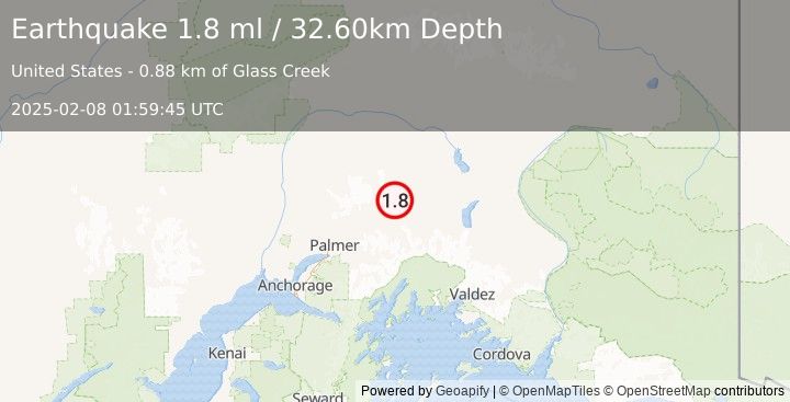 Earthquake 26 km NNW of Glacier View, Alaska (1.8 ml) (2025-02-08 01:59:45 UTC)