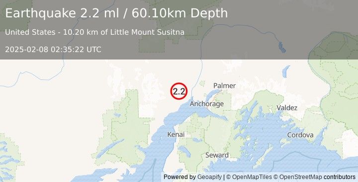 Earthquake 33 km WSW of Susitna, Alaska (2.2 ml) (2025-02-08 02:35:22 UTC)