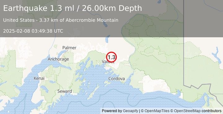 Earthquake 20 km NE of Valdez, Alaska (1.3 ml) (2025-02-08 03:49:38 UTC)