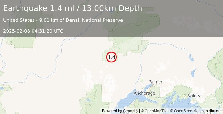 Earthquake 64 km NW of Skwentna, Alaska (1.4 ml) (2025-02-08 04:31:20 UTC)