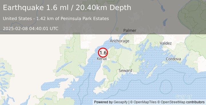 Earthquake 12 km NE of Nikiski, Alaska (1.6 ml) (2025-02-08 04:40:01 UTC)