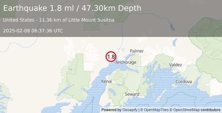 Earthquake 27 km WSW of Susitna, Alaska (1.8 ml) (2025-02-08 06:37:36 UTC)