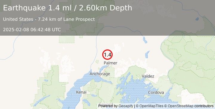 Earthquake 17 km NNW of Fishhook, Alaska (1.4 ml) (2025-02-08 06:42:48 UTC)