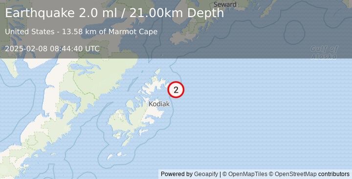 Earthquake 55 km ENE of Ouzinkie, Alaska (2.0 ml) (2025-02-08 08:44:40 UTC)