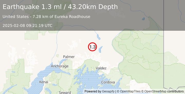 Earthquake 7 km NE of Eureka Roadhouse, Alaska (1.3 ml) (2025-02-08 09:21:19 UTC)