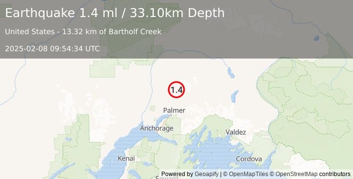 Earthquake 31 km NNW of Sutton-Alpine, Alaska (1.4 ml) (2025-02-08 09:54:34 UTC)