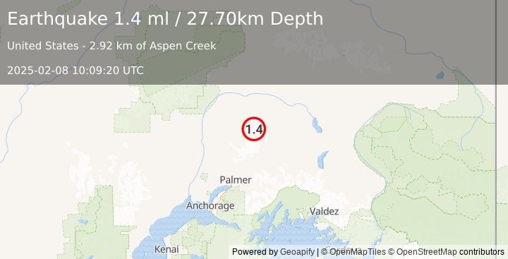 Earthquake 59 km N of Chickaloon, Alaska (1.4 ml) (2025-02-08 10:09:20 UTC)