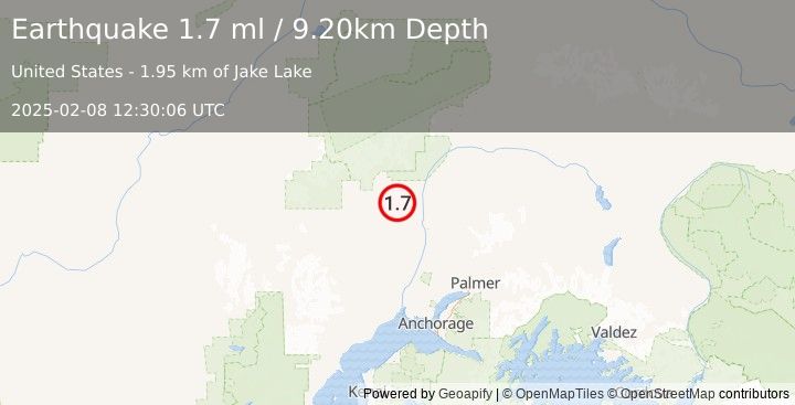 Earthquake 17 km SSE of Petersville, Alaska (1.7 ml) (2025-02-08 12:30:06 UTC)