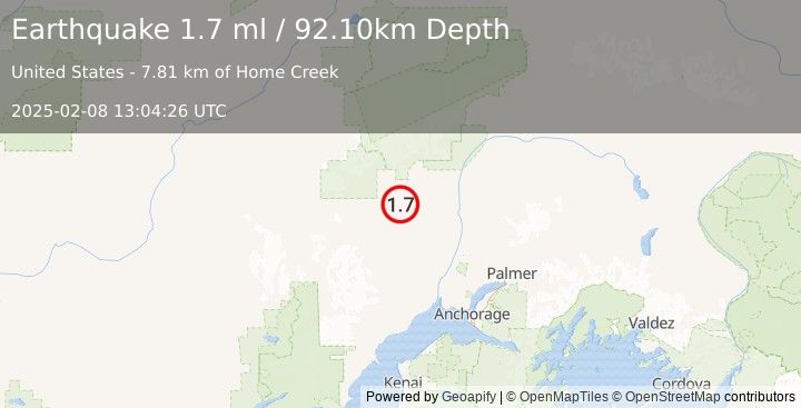 Earthquake 28 km N of Skwentna, Alaska (1.7 ml) (2025-02-08 13:04:26 UTC)