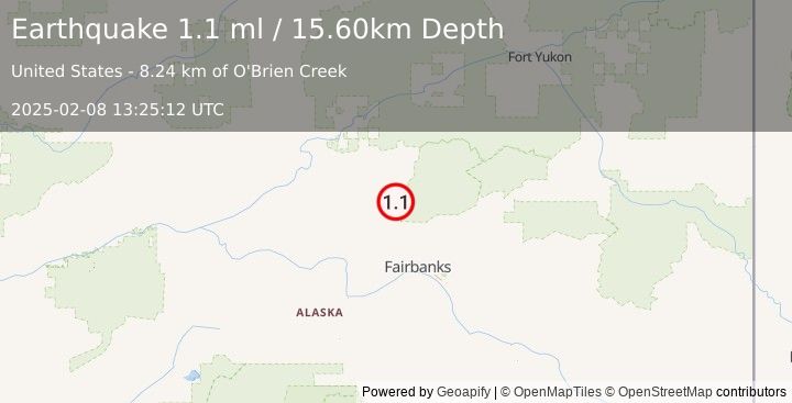 Earthquake 24 km SE of Livengood, Alaska (1.1 ml) (2025-02-08 13:25:12 UTC)