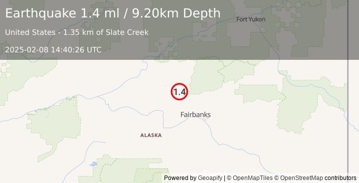 Earthquake 29 km S of Livengood, Alaska (1.4 ml) (2025-02-08 14:40:26 UTC)