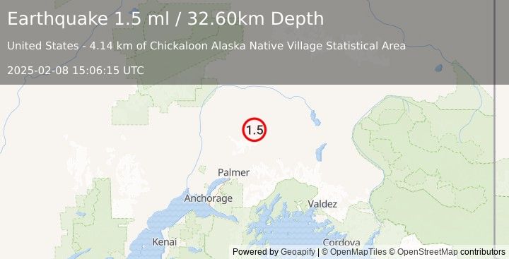 Earthquake 47 km N of Chickaloon, Alaska (1.5 ml) (2025-02-08 15:06:15 UTC)