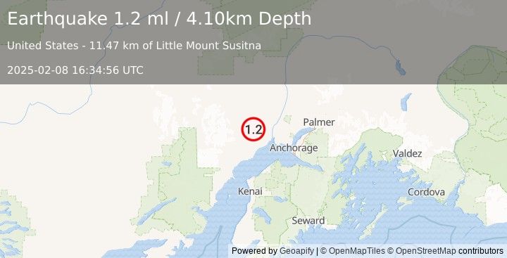 Earthquake 34 km W of Susitna, Alaska (1.2 ml) (2025-02-08 16:34:56 UTC)