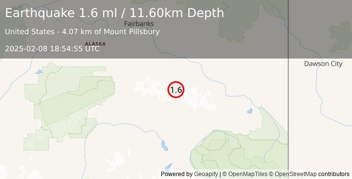 Earthquake 50 km SSW of Fort Greely, Alaska (1.6 ml) (2025-02-08 18:54:55 UTC)