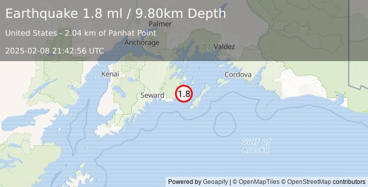 Earthquake 8 km NNW of Chenega, Alaska (1.8 ml) (2025-02-08 21:42:56 UTC)