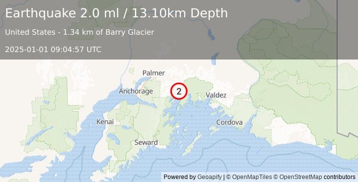 Earthquake 56 km ESE of Knik River, Alaska (2.0 ml) (2025-01-01 09:04:57 UTC)