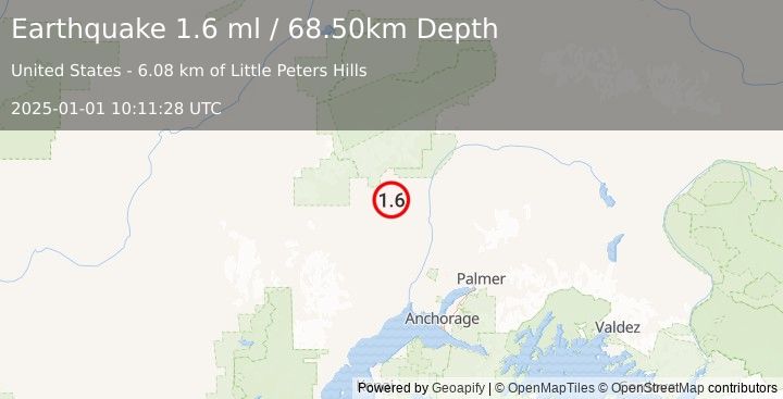 Earthquake 18 km SSW of Petersville, Alaska (1.6 ml) (2025-01-01 10:11:28 UTC)