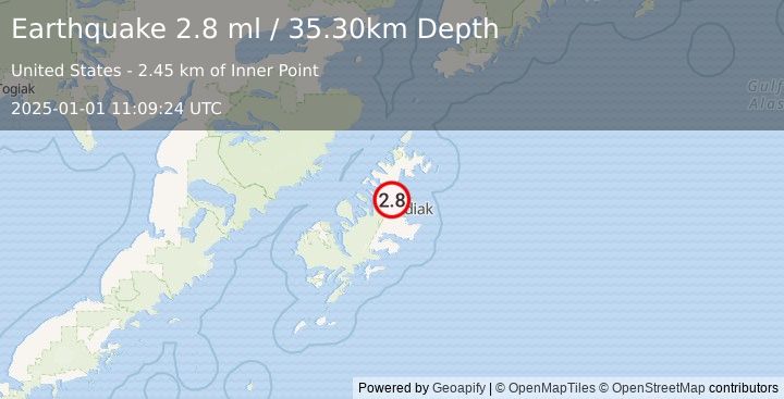 Earthquake 7 km ENE of Port Lions, Alaska (2.8 ml) (2025-01-01 11:09:24 UTC)