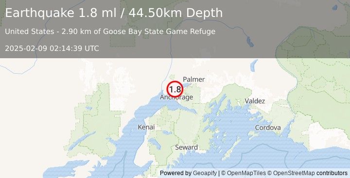 Earthquake 3 km NNE of Point MacKenzie, Alaska (1.8 ml) (2025-02-09 02:14:39 UTC)