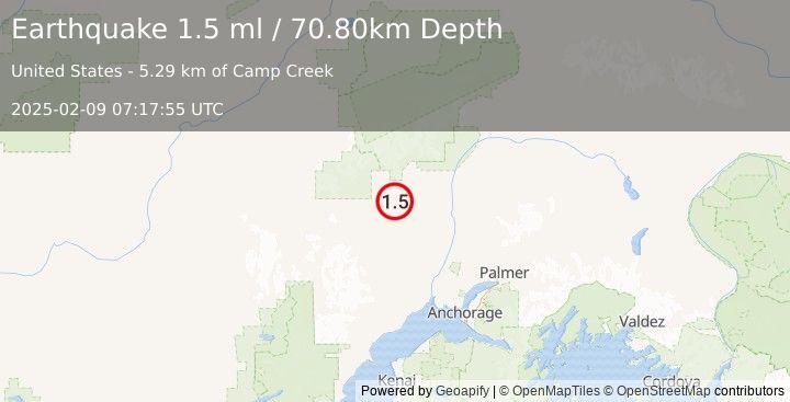 Earthquake 31 km N of Skwentna, Alaska (1.5 ml) (2025-02-09 07:17:55 UTC)