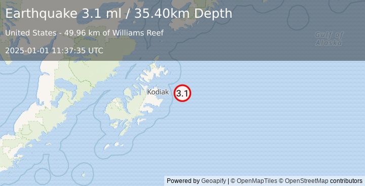 Earthquake 58 km ENE of Chiniak, Alaska (3.1 ml) (2025-01-01 11:37:35 UTC)