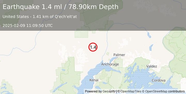 Earthquake 8 km SSE of Skwentna, Alaska (1.4 ml) (2025-02-09 11:09:50 UTC)