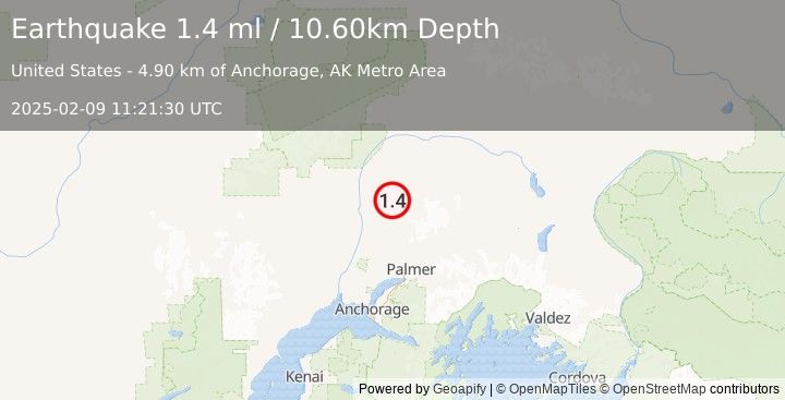 Earthquake 21 km ENE of Susitna North, Alaska (1.4 ml) (2025-02-09 11:21:30 UTC)