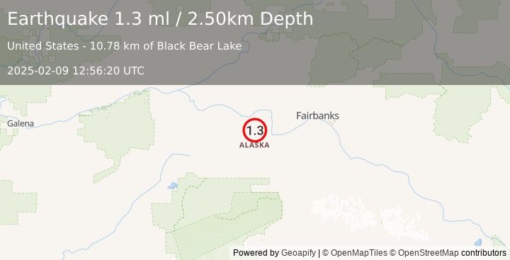 Earthquake 26 km W of Four Mile Road, Alaska (1.3 ml) (2025-02-09 12:56:20 UTC)