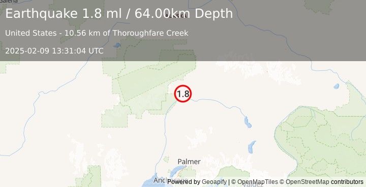 Earthquake 52 km SSW of Cantwell, Alaska (1.8 ml) (2025-02-09 13:31:04 UTC)