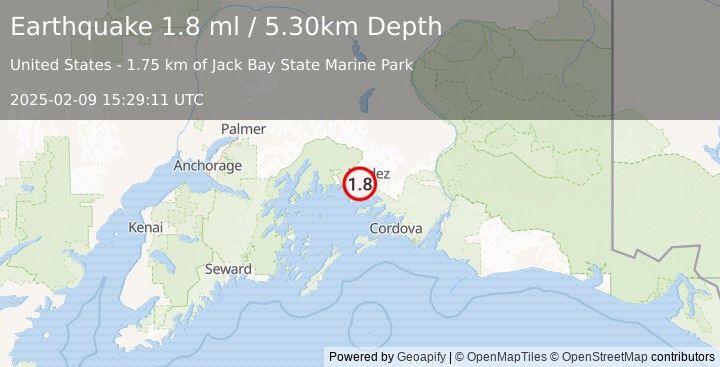 Earthquake 16 km SW of Valdez, Alaska (1.8 ml) (2025-02-09 15:29:11 UTC)