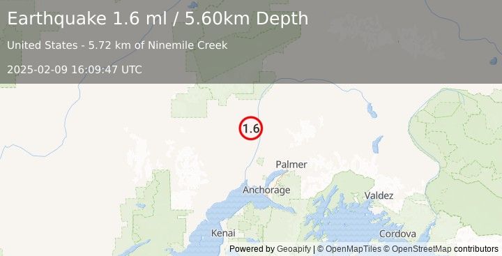 Earthquake 21 km SSW of Trapper Creek, Alaska (1.6 ml) (2025-02-09 16:09:47 UTC)