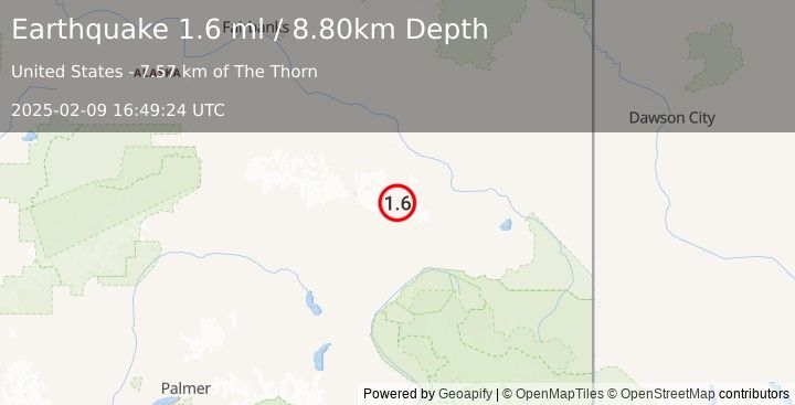 Earthquake 40 km SSW of Dry Creek, Alaska (1.6 ml) (2025-02-09 16:49:24 UTC)