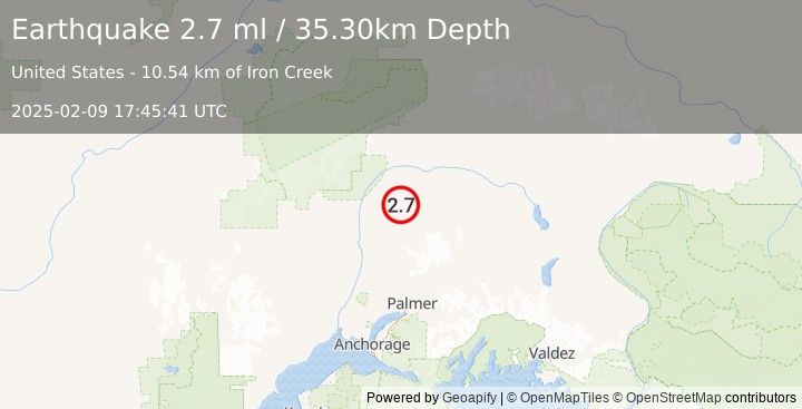 Earthquake 40 km E of Chase, Alaska (2.7 ml) (2025-02-09 17:45:41 UTC)